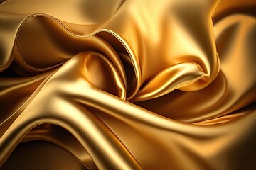 Gold satin textured background, rippled golden fabric.