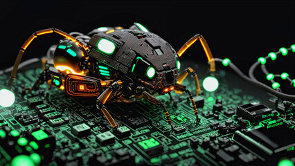 robotic insect made of electronic parts with white LED lights and gold parts walking on computer motherboard full of electronic circuits, generative AI