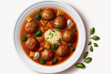 top view of a white bowl with a stew made of veggies and meatballs. The sauce is made of tomato paste, garlic, and herbs. Generative AI