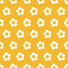simple white daisy flower; seamless floral pattern on yellow background element for wallpaper, banner, textiles, cover, texture, label, backdrop, wrapping paper, card etc. illustration vector design.