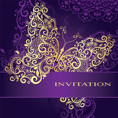 Vector vintage style invitation with golden lace butterfly on purple background