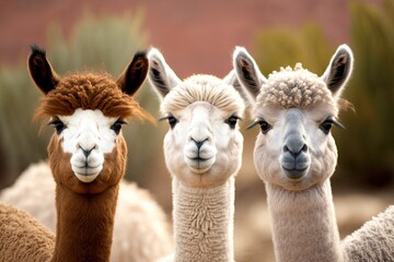 Obraz premium Three jovial alpacas, each sporting a pair of rabbit ears. Generative AI