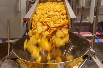 Bucket machine for measuring potato chips.