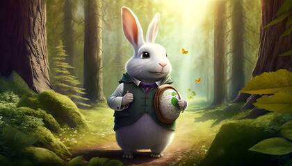 Easter Bunny with Easter eggs in the forest. 