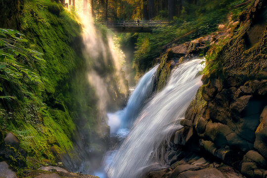 Sunset at beautiful Sol Duc falls in Olympic National Park, Port Angeles, Washington, USA
