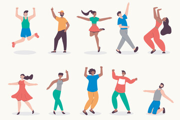 People dancing set in flat design. Men and women dance to music at disco, dancers at party, performance and entertainment. Bundle of diverse characters. Vector illustration isolated persons for web