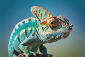 Veiled chameleon up close against a sky blue background. Named variously as the veiled chameleon, cone headed chameleon, and chameleon of Yemen (Chamaeleo calyptratus). Generative AI