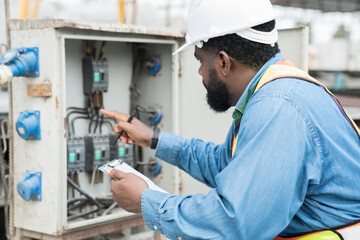 Male electrician maintenance electric system at construction site work. Electrician checking...