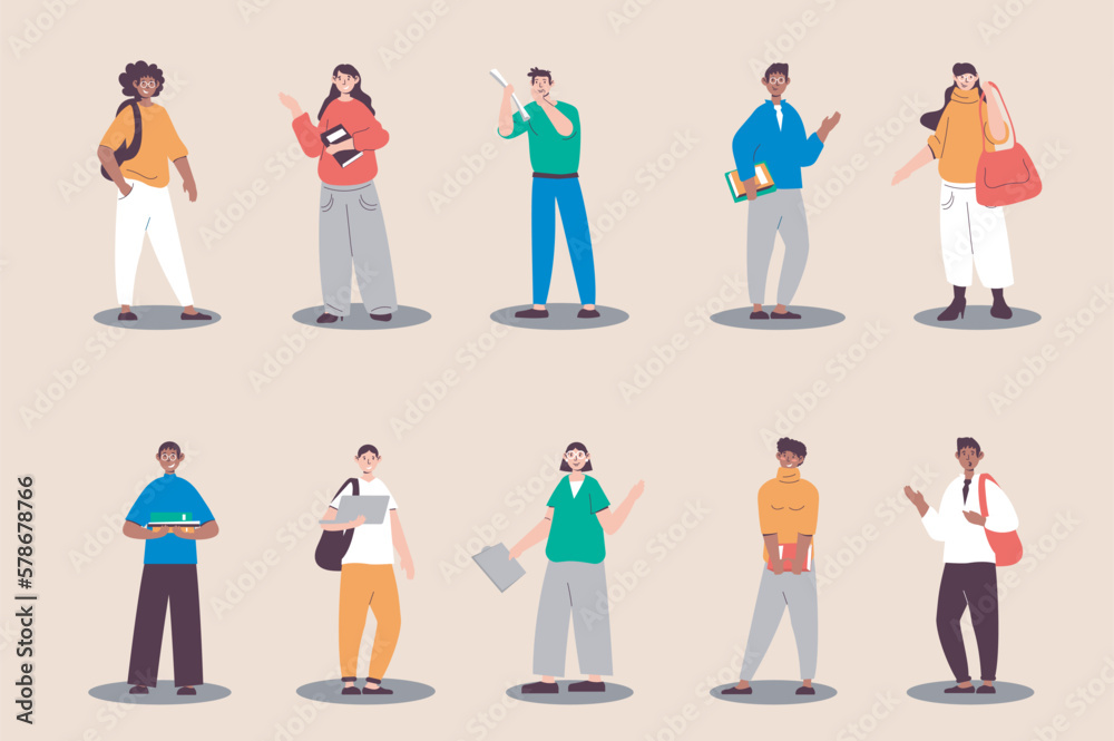 Poster students people set in flat design. happy young women and men with backpack and books studying at un