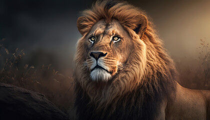 portrait of a lion at sunset in the savannah, generative ai