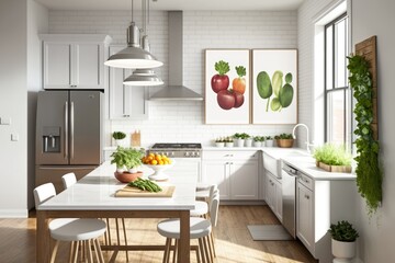 Renovation, real estate, and mortgage services as a backdrop for a picture perfect white modern kitchen stocked with fresh produce and a wooden table. Generative AI