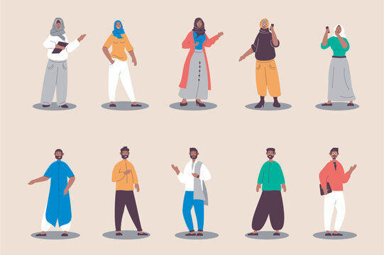Arabian people set in flat design. Happy women and men in modern outfits and traditional ethnic clothes and muslim hijab. Bundle of diverse characters. Vector illustration isolated persons for web