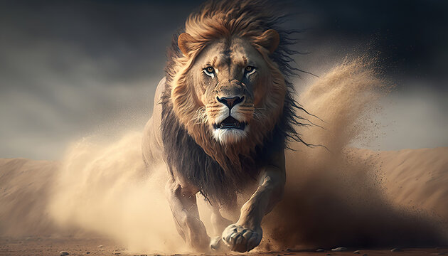 portrait of a majestic running lion, generative ai