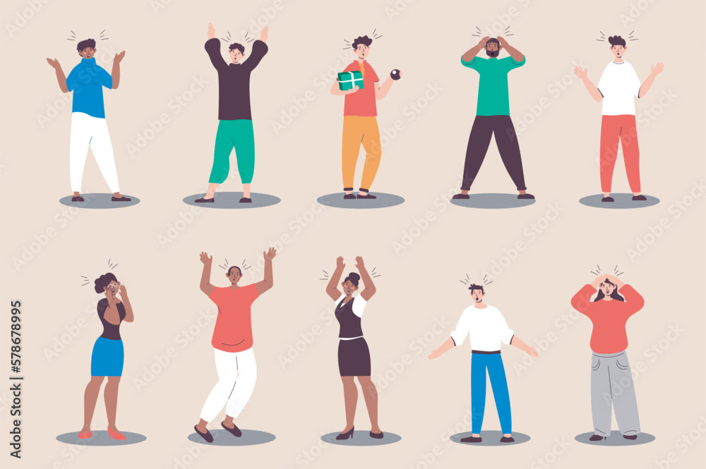Poster astonished and surprised people set in flat design. women and men express amazed, unexpected and won