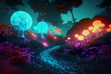 Naklejka na ściany i meble Bioluminescent road in forest created with Generative AI 