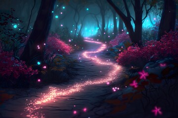 Fototapeta premium Bioluminescent road in forest created with Generative AI 
