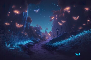 Obraz premium Bioluminescent road in forest created with Generative AI 