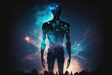 body silhouette with space and galaxy  background, milky way, spiritual life and belief, Made by AI, Artificial intelligence