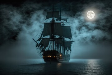 Ghost ship in foggy night created with Generative AI
