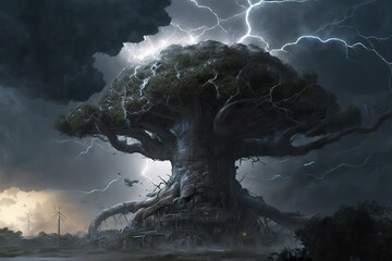 Storm over the giant tree created with Generative AI 