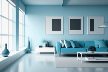 Naklejka na ściany i meble beautiful contemporary bright light modern living room interior, generative ai