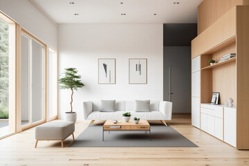 beautiful contemporary bright light modern living room interior, generative ai