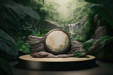 Flat circle round podium platform product display presentation tropical nature forest Made with Generative AI