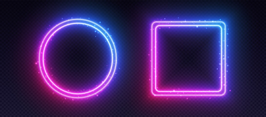 Gradient neon frames, glowing borders with smoke and sparkles, led circle and square with purple and pink colors. Avatar frames for game, UI design elements. Vector illustration.
