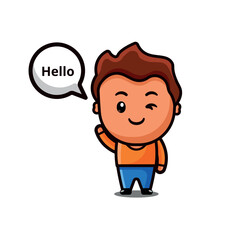 Cute boy Leo speaking hello message cartoon character .  