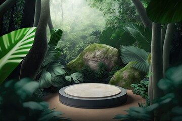 Flat circle round podium platform product display presentation tropical nature forest Made with Generative AI