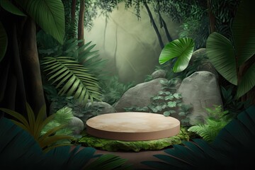 Flat circle round podium platform product display presentation tropical nature forest Made with Generative AI