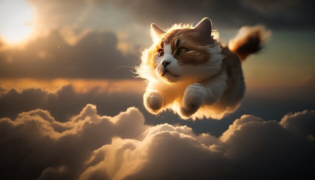 Cat Flying Through the Clouds at golden hour. Bright sunlight and blue sky. Generative AI.