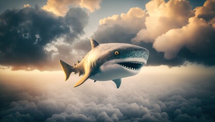 Shark Flying Through the Clouds at golden hour. Bright sunlight and blue sky. Generative AI.