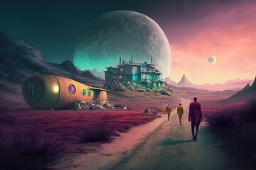 Alien village. Village of the future. Landscape. Created with Generative AI 