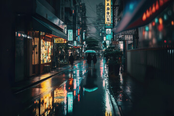 Fototapeta na wymiar neon light night street in the city of tokyo after rain, generative ai