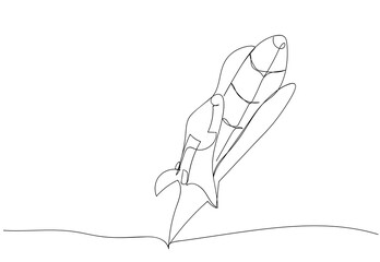 One continuous line drawing of simple retro spacecraft flying up to the outer space nebula. Rocket space ship launch into universe concept. Dynamic single line draw design vector graphic illustration