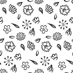 Seamless botanical pattern with hand drawn flowers and leaves on white. Abstract floral texture. Wrapping paper. Coloring