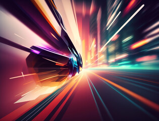 Abstract hyper speed in a mega city street background. Long exposure street and traffic lights. High speed motion blur background.