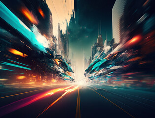 Abstract hyper speed in a mega city street background. Long exposure street and traffic lights. High speed motion blur background.