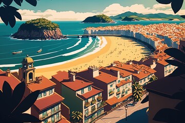 Naklejka premium Stunning beach at San Sebastian, Spain, captured from above in a vertical image. Generative AI