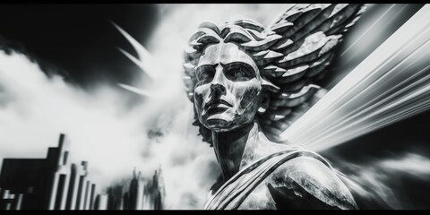Imaginary ancient Greek deity statue, intense epic portrayal and expressive emotional storytelling, carved relief marble, long exposure blurred - generative AI.