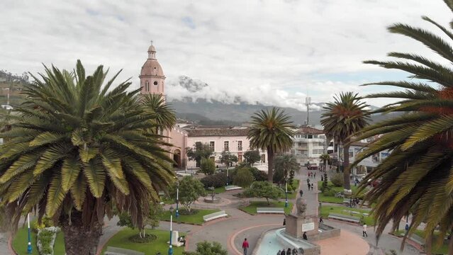 Simon Bolivar Park in Otavalo, Ecuador. Aerial view on a cloudy day of Cotacachi volcano.