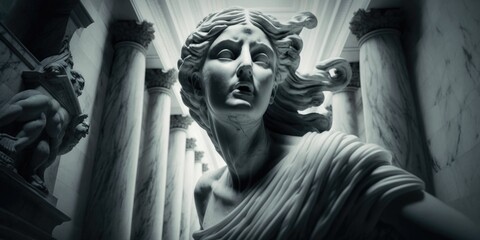 Imaginary ancient Greek goddess statue, intense epic portrayal and expressive emotional storytelling, carved relief marble, long exposure blurred - generative AI.