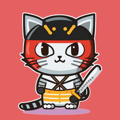 cute samurai cat chibi sticker vector art style