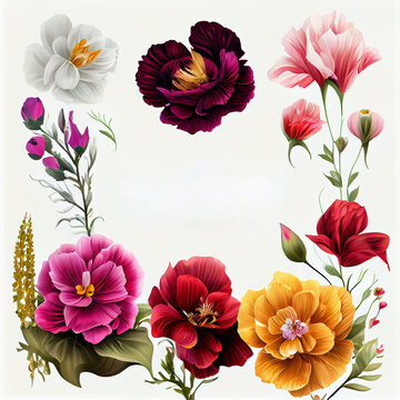 Hand drawn flowers collection. Colorful flowers isolated on white background. Generative AI