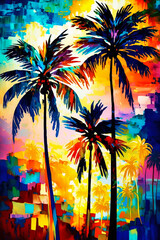 Abstract painting concept. Colorful art of a Caribbean palm tree landscape. Cuban culture. Generative AI. - obrazy, fototapety, plakaty