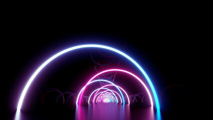 Neon Line Tunnel glowing　Fluorescent light corridor stage  3D illustration background