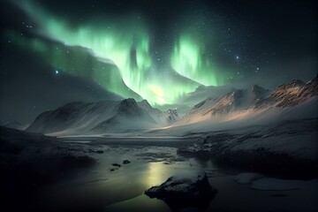 Fototapeta na wymiar northern light in the sky, snowy mountains, AI Generated