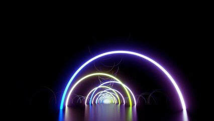 Neon Line Tunnel glowing　Fluorescent light corridor stage  3D illustration background
