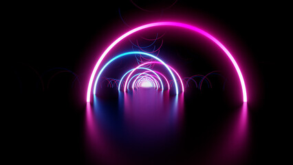 Neon Line Tunnel glowing　Fluorescent light corridor stage  3D illustration background